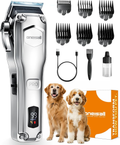 Pet grooming kit with hair trimmer, attachments, and packaging on a white background