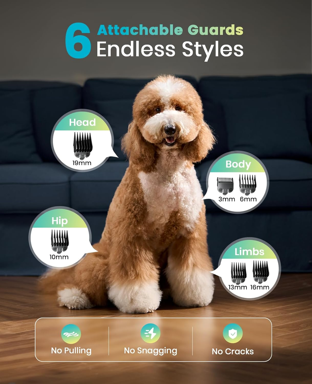 Dog with grooming guard attachments and text about styles and benefits on a dark sofa background