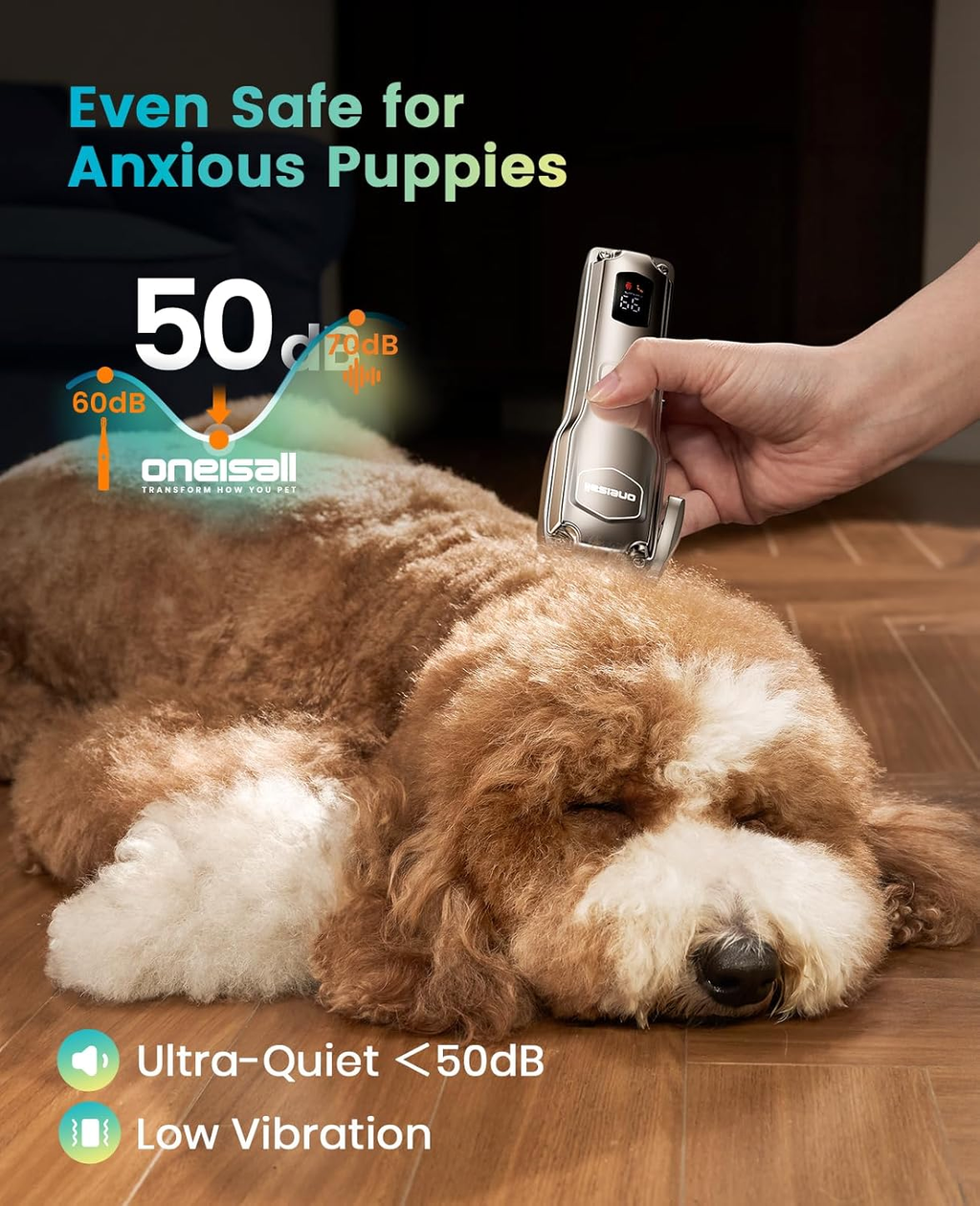 Dog lying down with a hand holding a device, labeled 'Even Safe for Anxious Puppies' with dB rating.