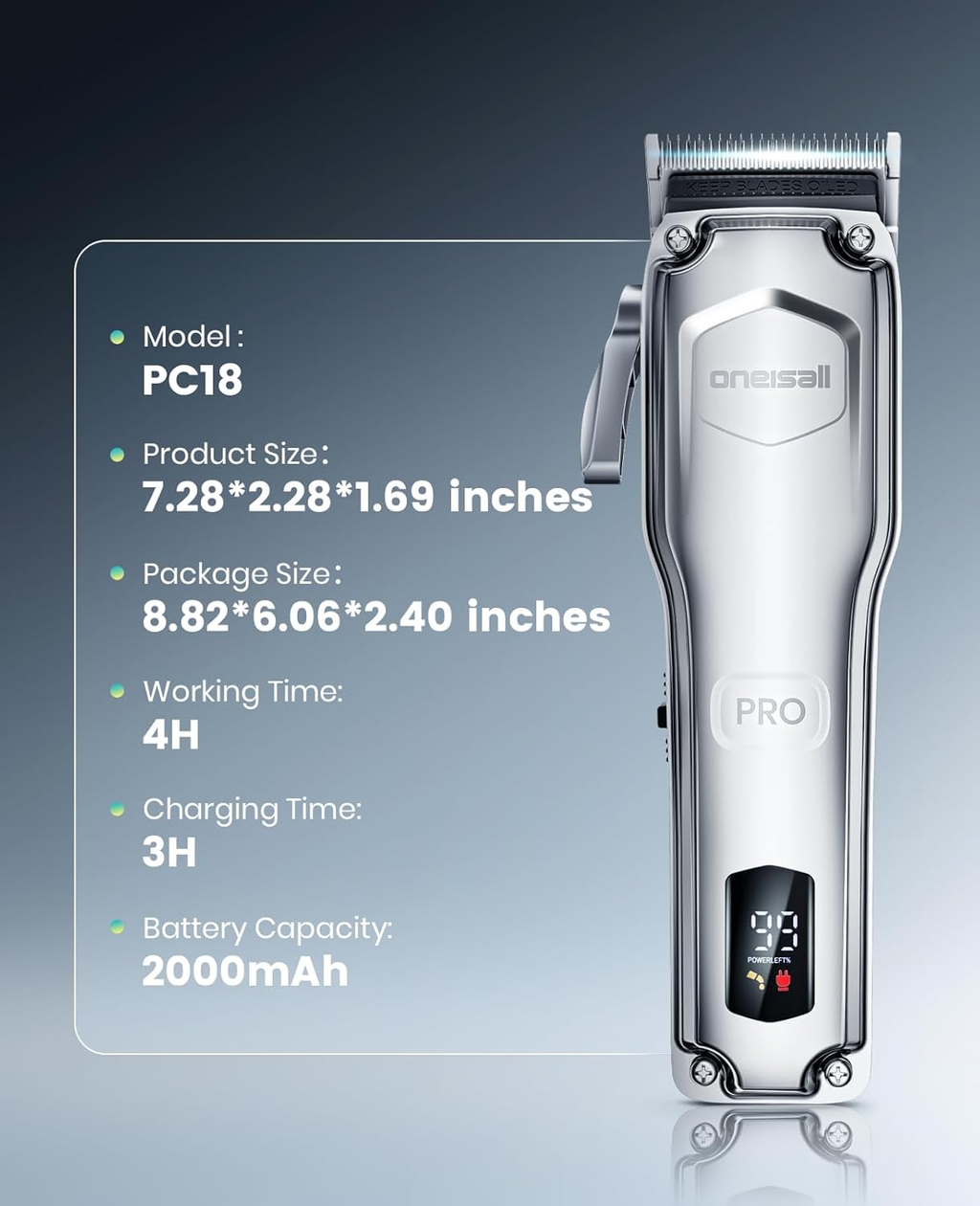 Hair clipper with specifications displayed on a clear panel against a gradient background