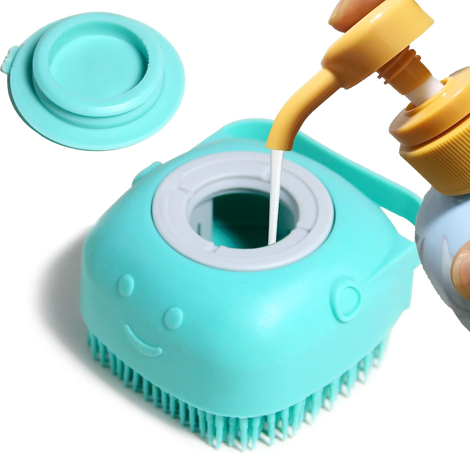 Teal cleaning brush with a yellow handle being used to clean a white surface.