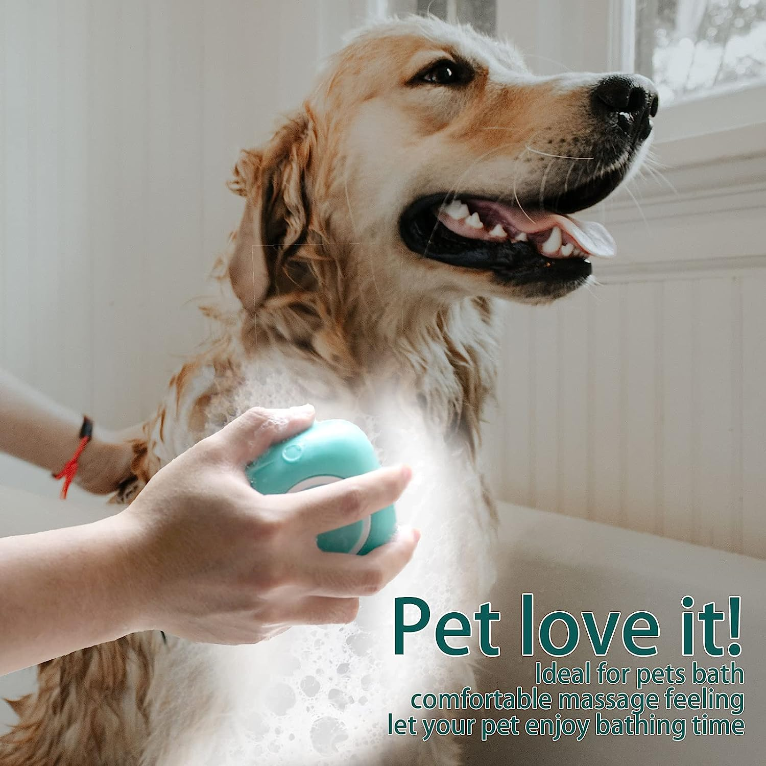 Dog being bathed with a blue ball, text 'Pet love it!' indicating product use.