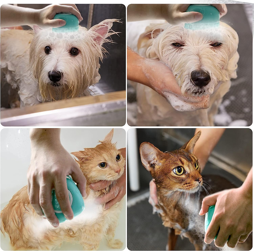 Collage of a person using a turquoise pet shampoo bottle on a dog and cat.