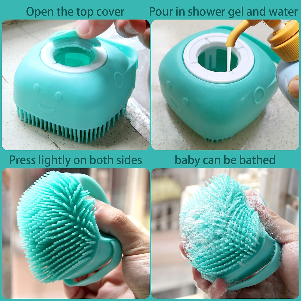 Instructions for using a turquoise baby bath brush with text overlay.