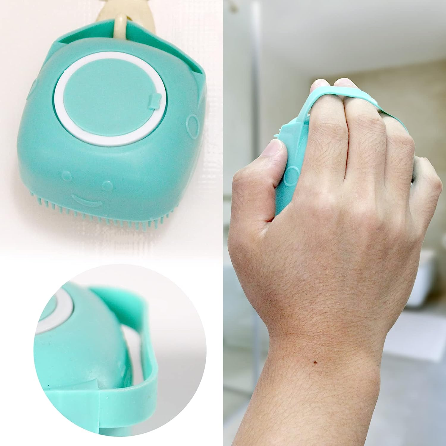 Turquoise cleaning brush with white center held by a hand, with close-up inset on a light background.