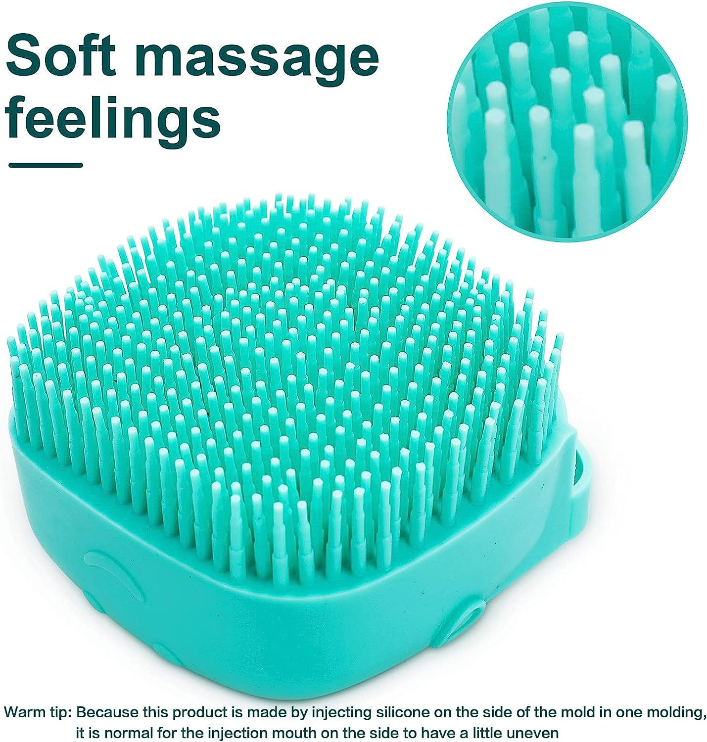 Turquoise massage brush with close-up of bristles on a white background