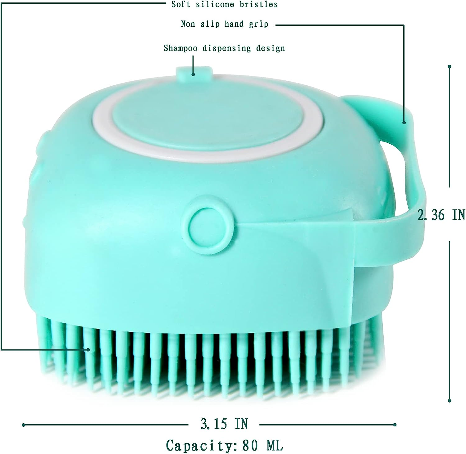Green silicone scrubber with text labels on a white background