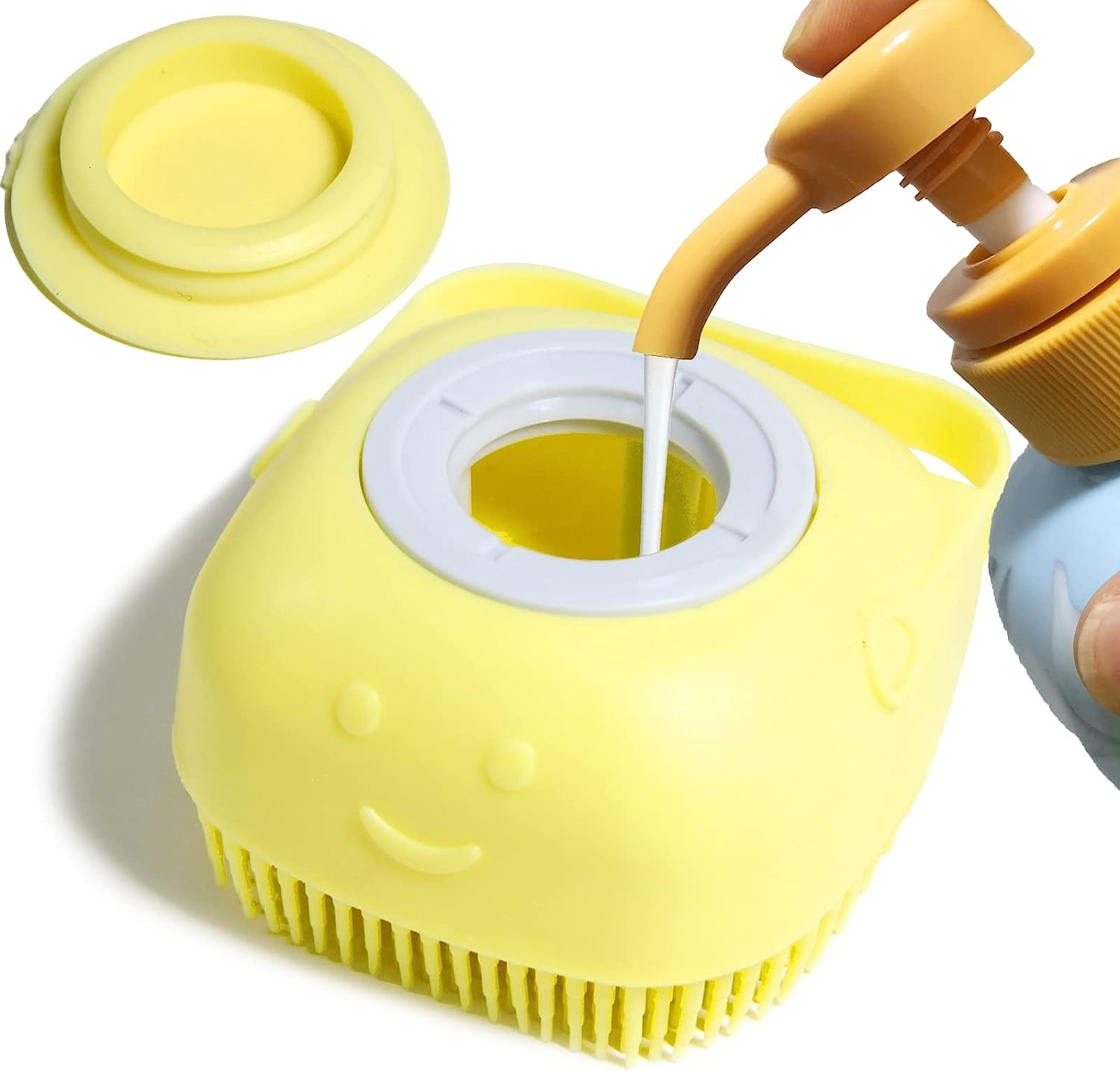 Yellow silicone brush with a smiley face design being used to clean a white container.