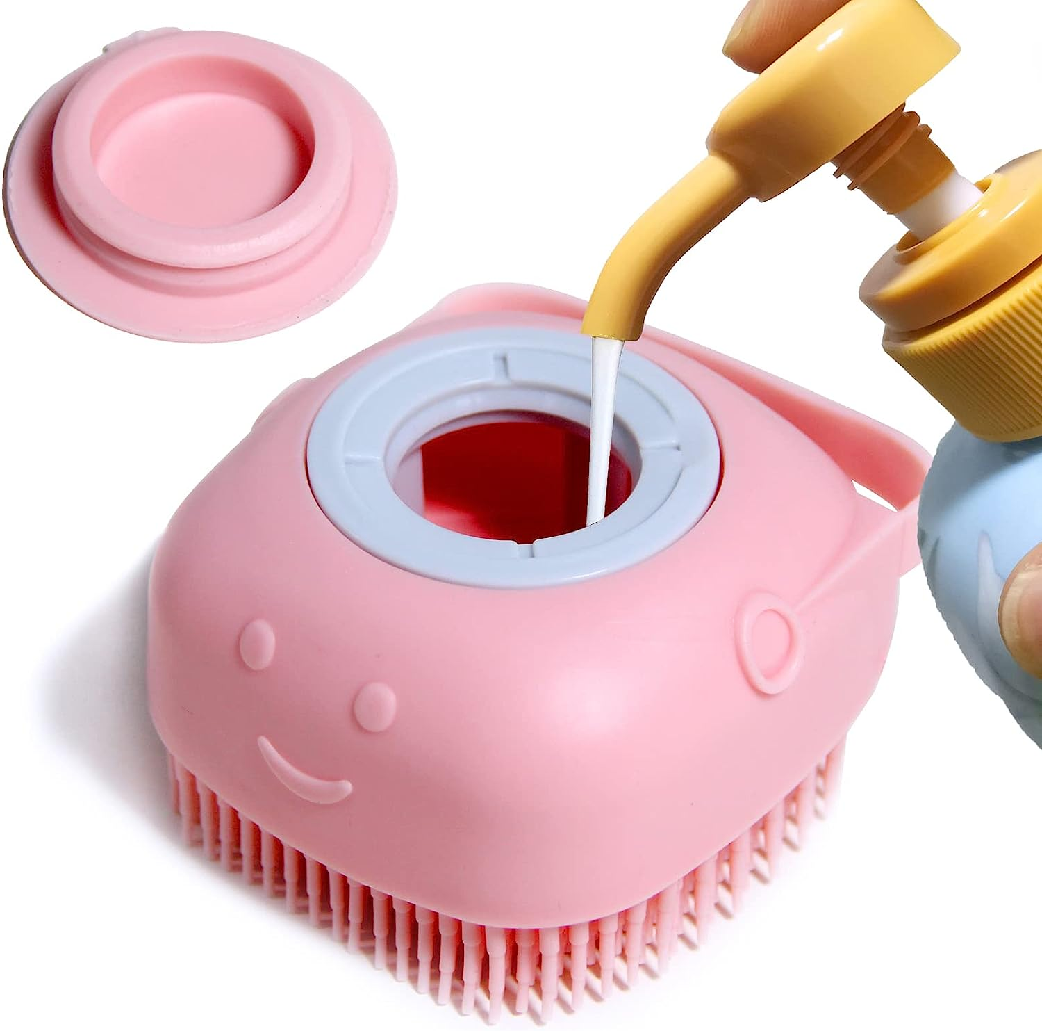 Pink silicone scrubber with a smiley face design being used to clean a bottle.