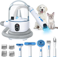 Pet grooming tool set with attachments and two pets on a white background
