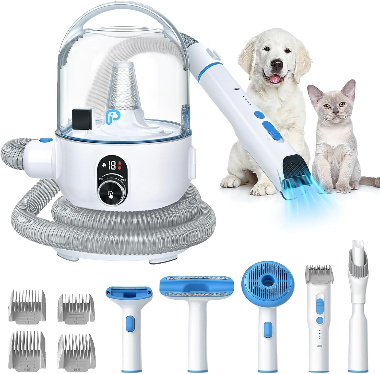 Pet grooming tool set with attachments and two pets on a white background