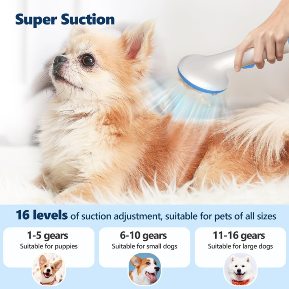 Dog being groomed with a grooming brush, featuring text about super suction and suction adjustment levels.