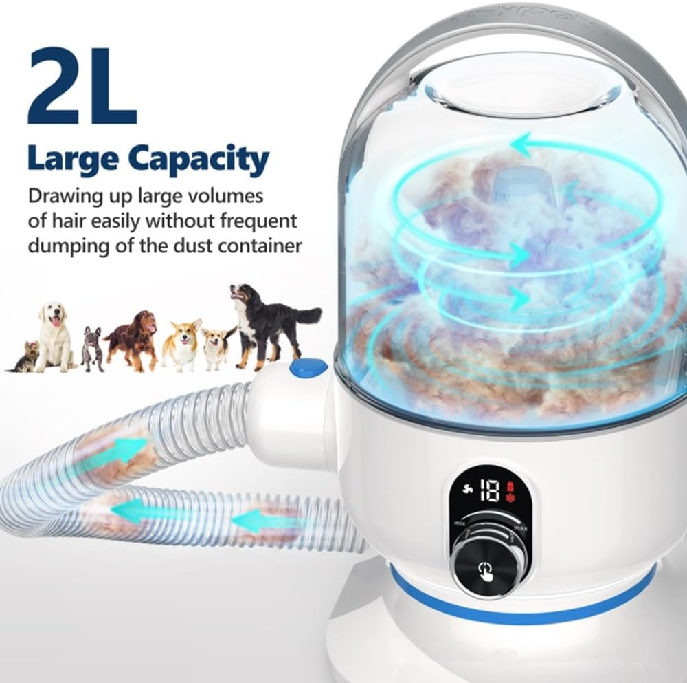 Pet hair removal device with large capacity feature, showing dogs and text on a white background.