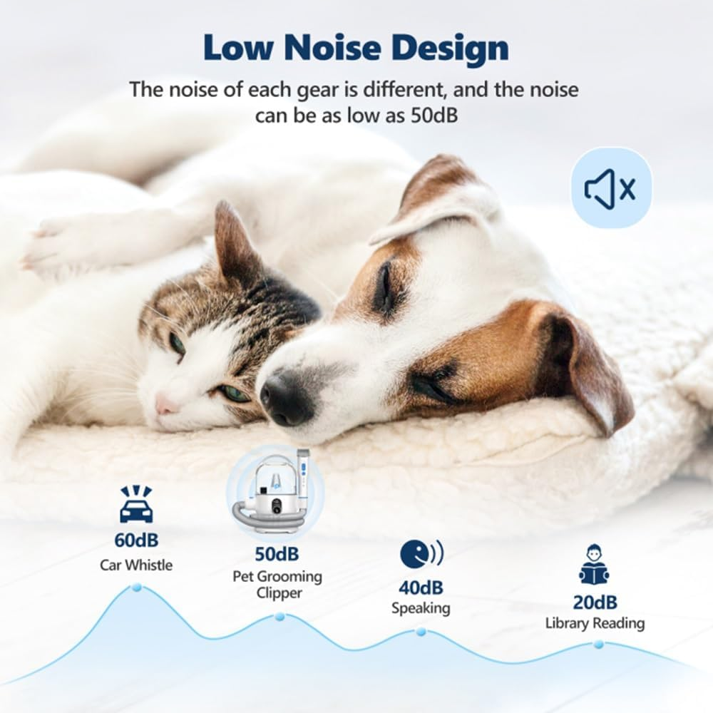 Two pets lying down with text about low noise design and a comparison chart.
