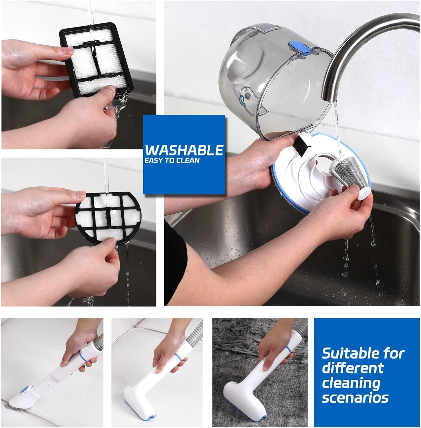 Collage of a person cleaning a water filter with text indicating washability and suitability for different cleaning scenarios.
