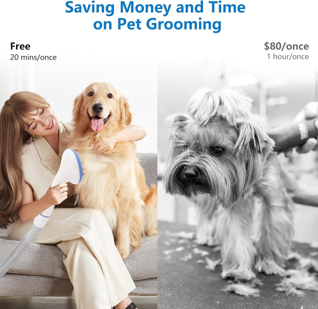 Comparison of pet grooming at home versus professional services with text 'Saving Money and Time on Pet Grooming'.