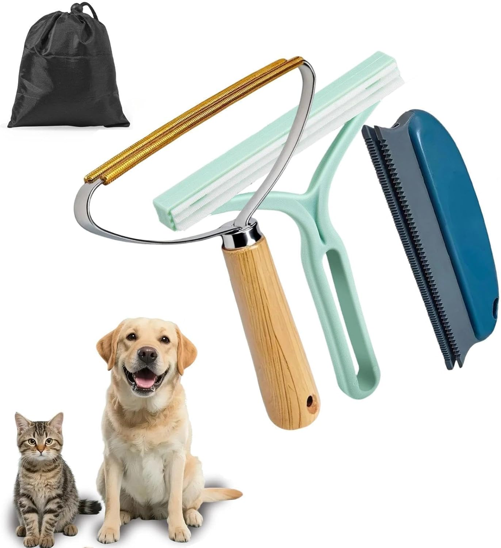 Pet grooming tools including a brush, comb, and black drawstring bag on a white background with a dog and cat.