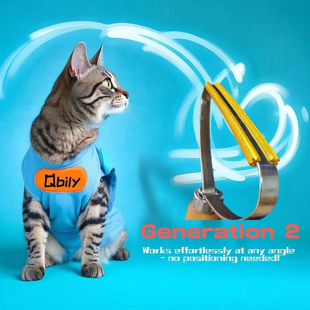 Cat wearing a blue QRily product with a water fountain on a blue background