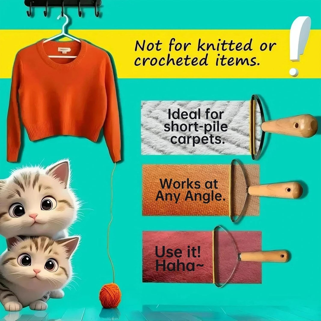 Orange sweater on a hanger, cartoon cats, and cleaning tools with text on a colorful background.