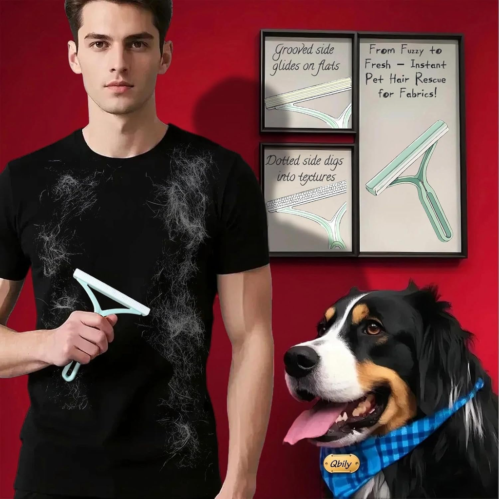 Man holding a squeegee with pet hair, dog wearing a bandana, and framed text on a red background
