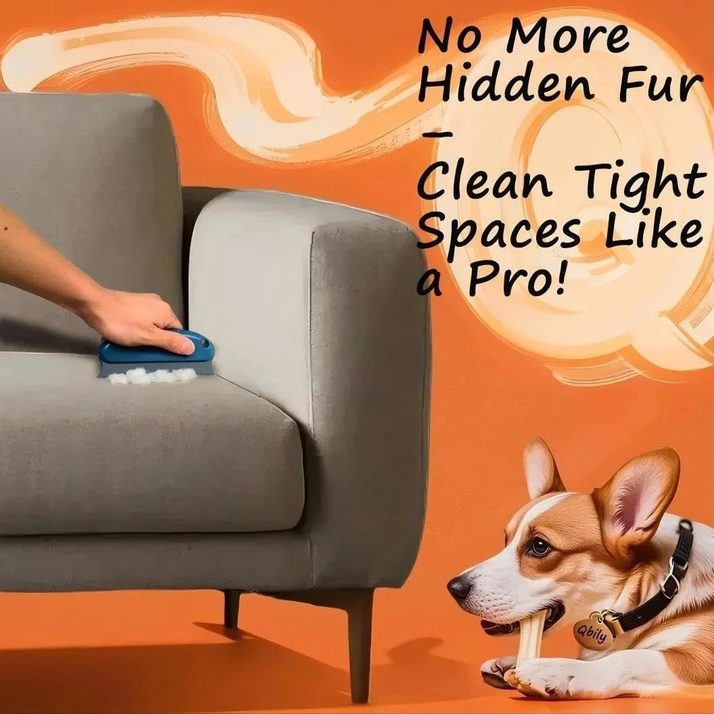 Person cleaning a couch with a tool, dog sitting next to the couch on an orange background.