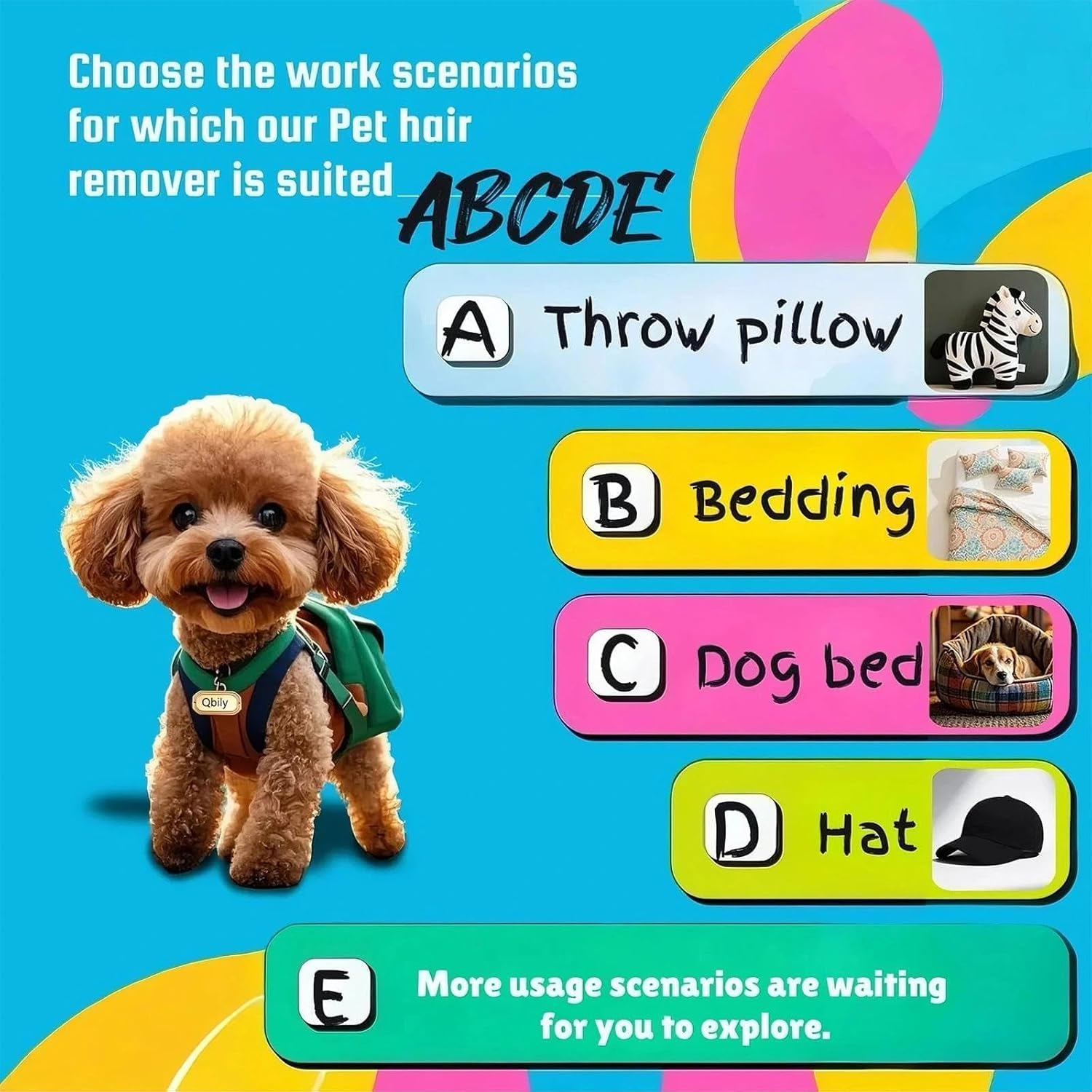 Pet hair remover product advertisement with a dog and usage scenarios on a blue background