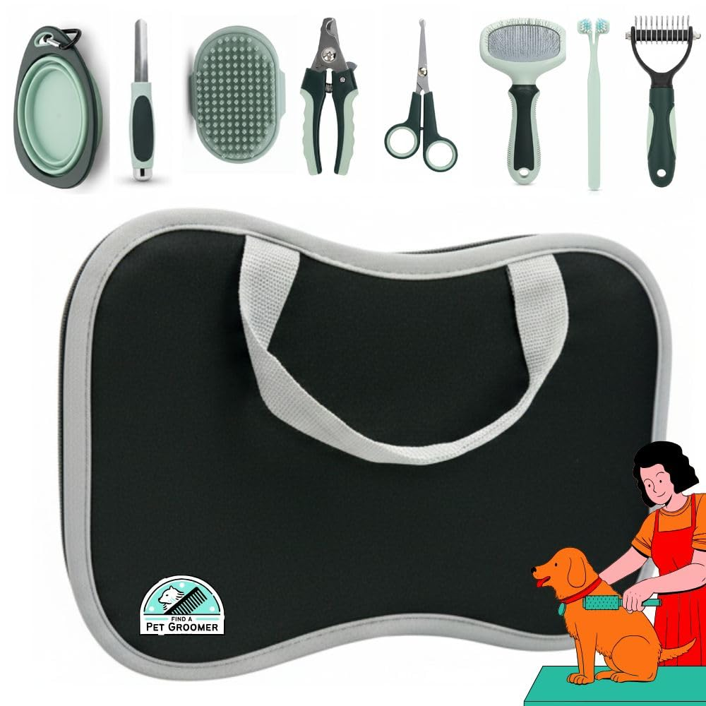Set of pet grooming tools including a black mat with a handle, grooming items, and an illustration of a person grooming a dog.
