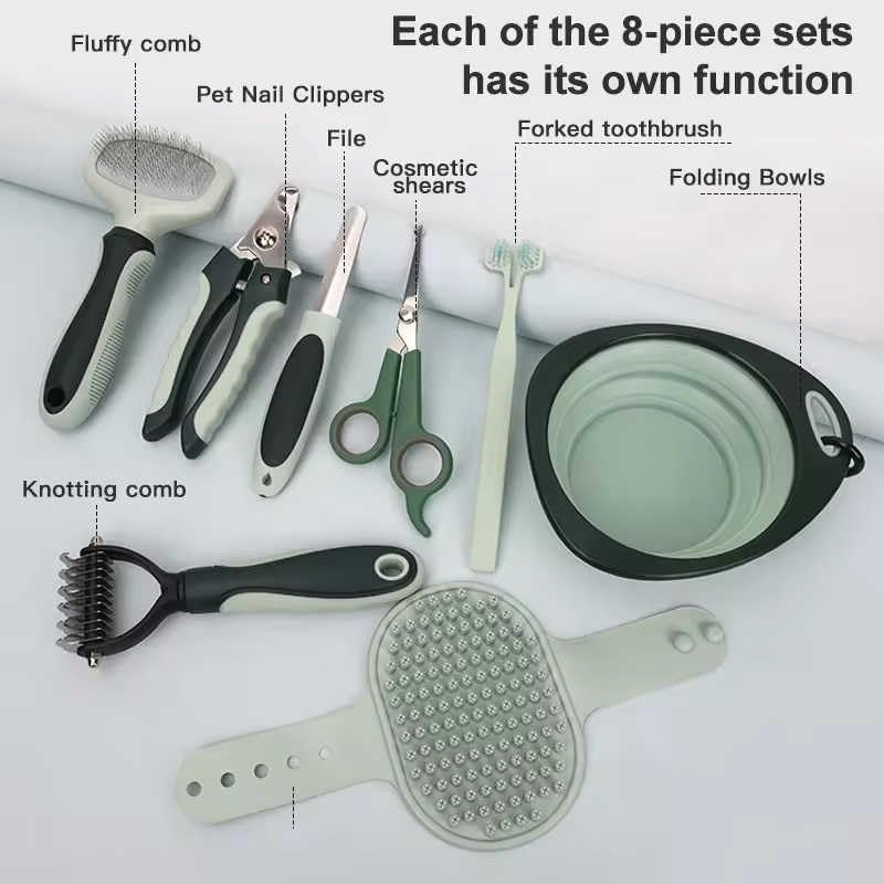 Set of grooming tools with labels on a white background