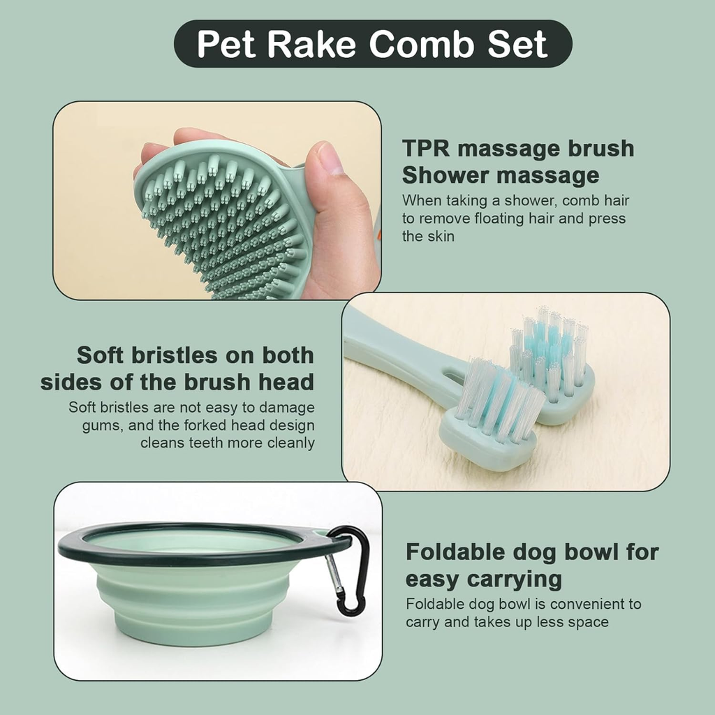 Pet grooming product set with massage brush, shower massage, soft bristles, and foldable dog bowl on a light green background.