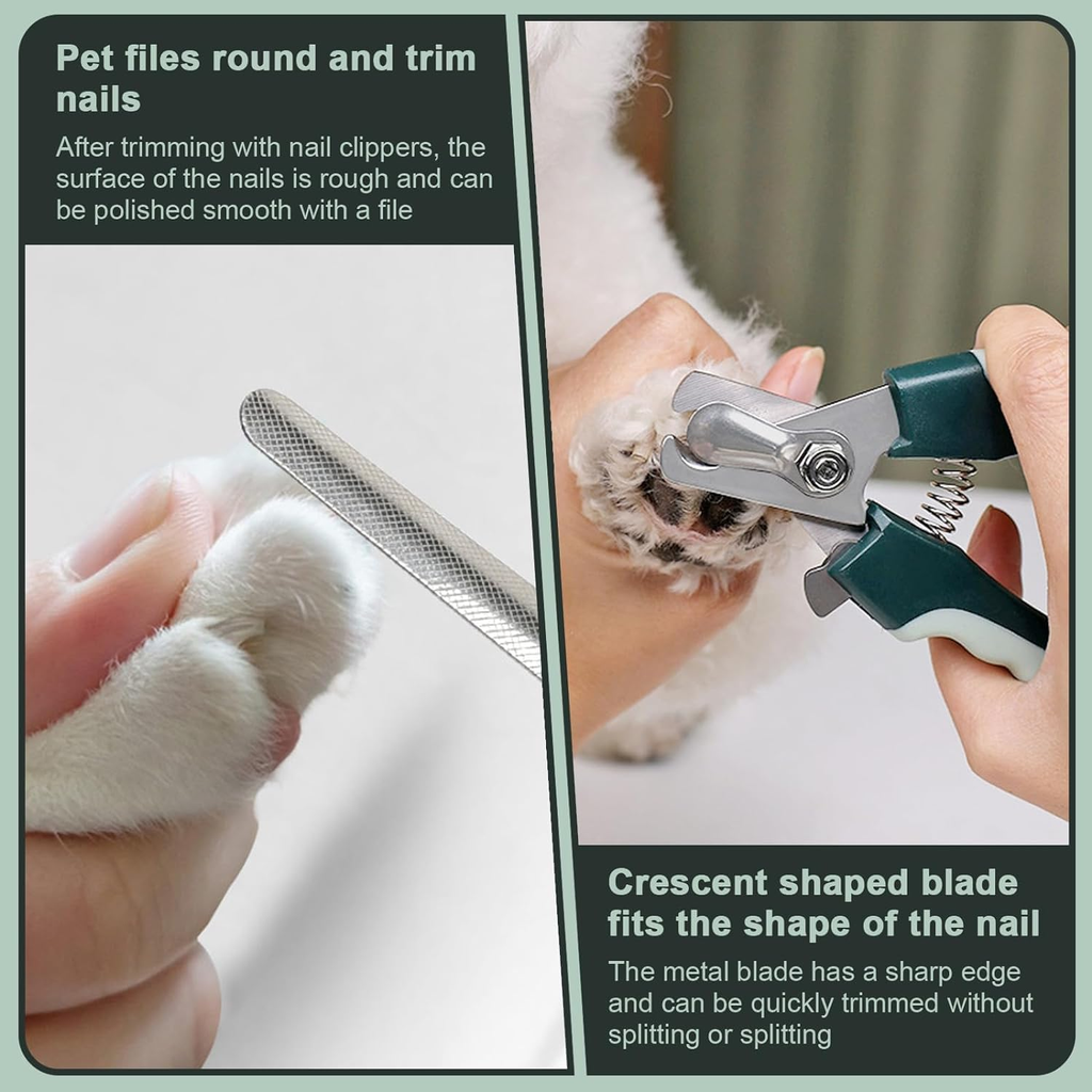Pet nail trimming tool with text explaining its use and features