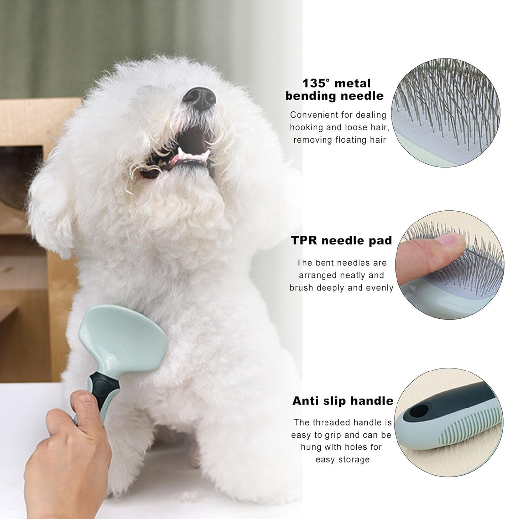 Dog being groomed with a grooming tool, featuring close-up details of the tool's features.