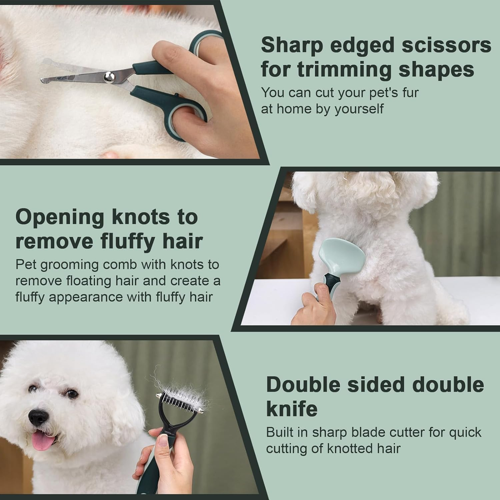 Pet grooming tools with text on a green background