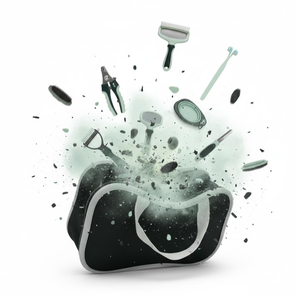 Black bag with grooming tools flying out on a white background