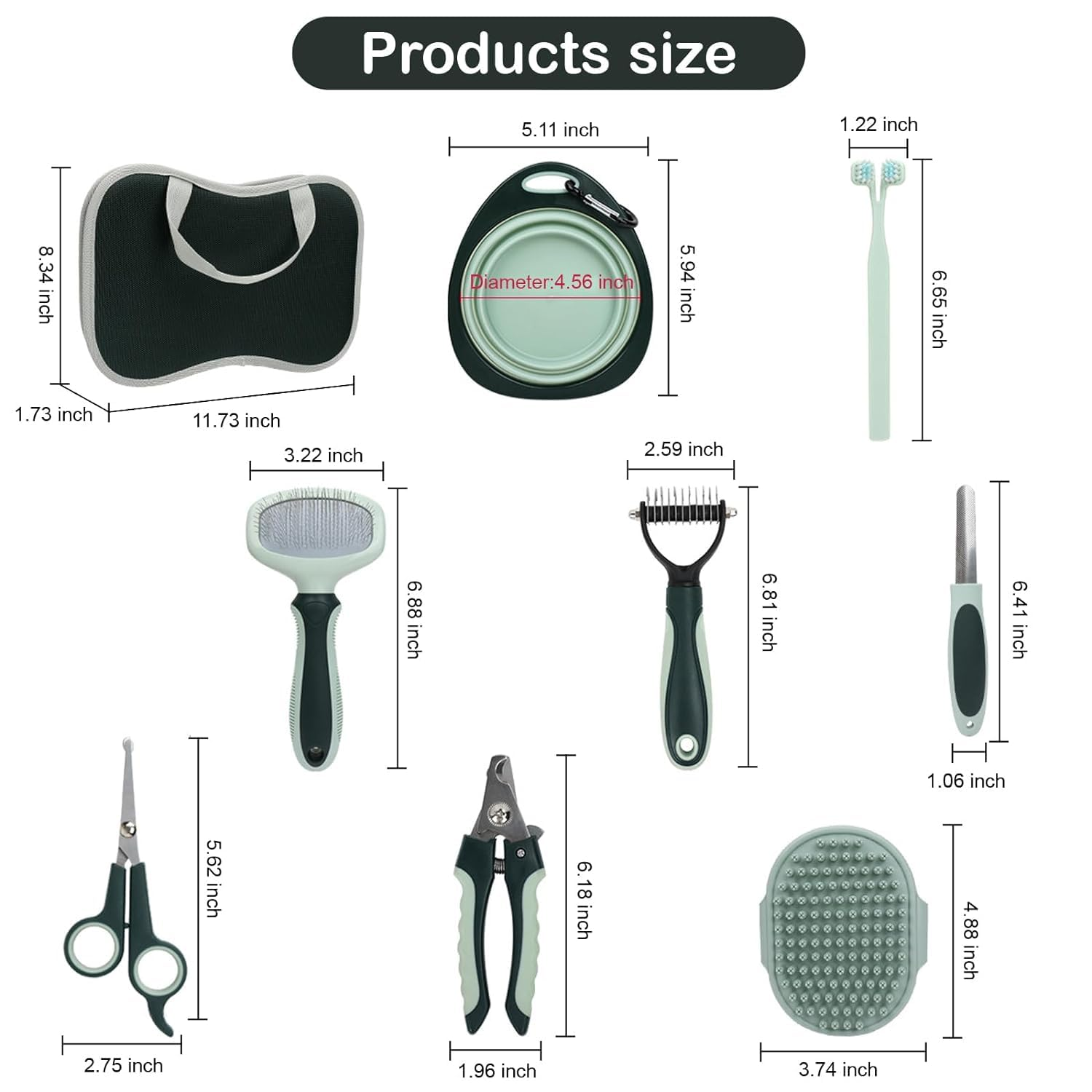 Set of pet grooming tools with measurements on a white background