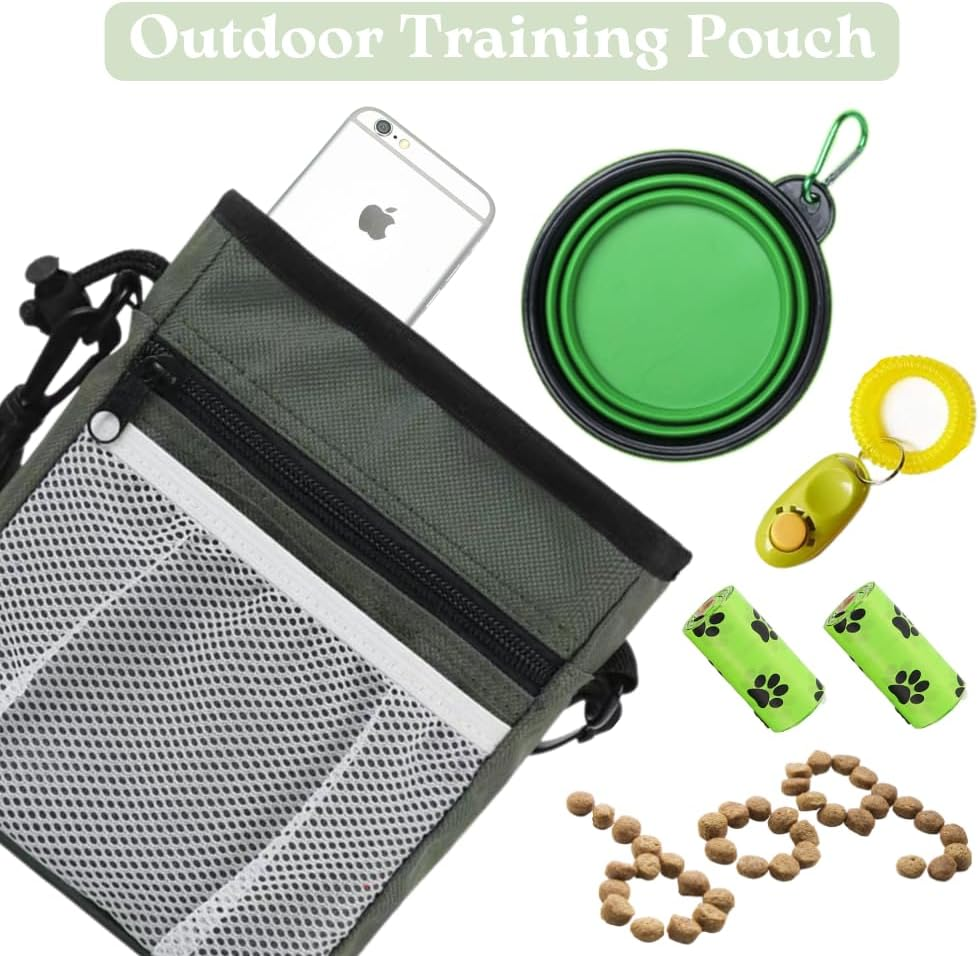 Outdoor training pouch with phone, green bowl, and dog training items on a white background
