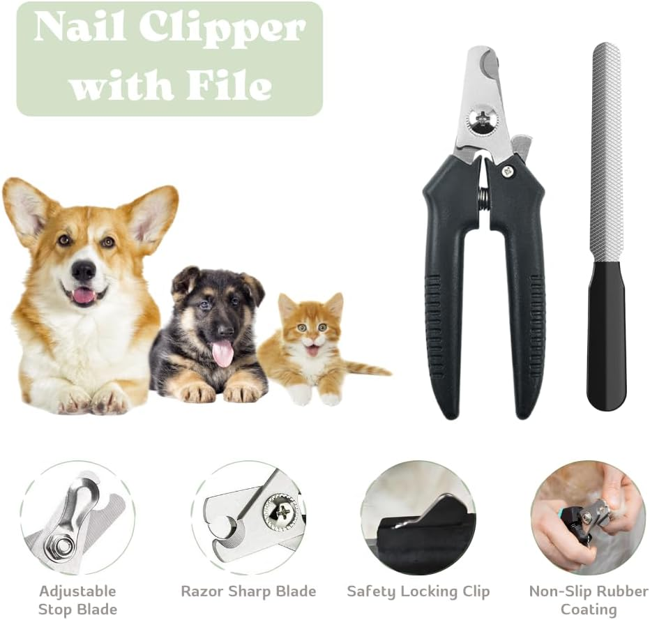 Pet nail clipper with file and images of a dog, cat, and puppy.