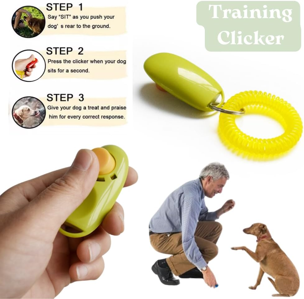 Dog training clicker with instructions and a man training a dog.