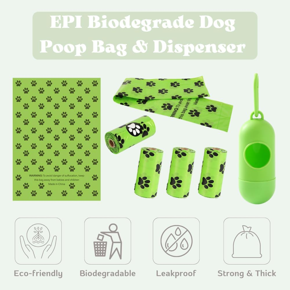 EPI Biodegrade Dog Poop Bag & Dispenser set with green bags and dispenser on a light green background