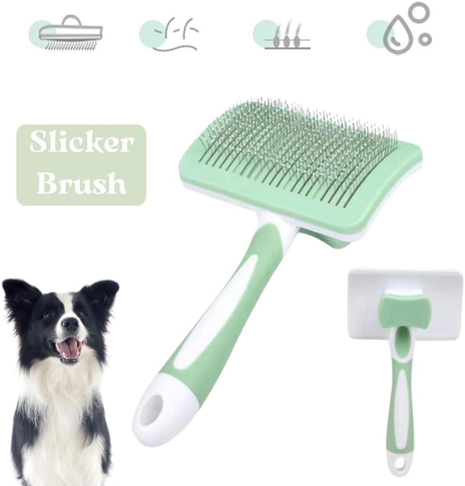 Green pet grooming brush with a dog and icons on a white background