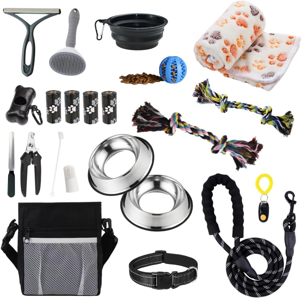 Assorted pet care products including bowls, leashes, and toys on a white background