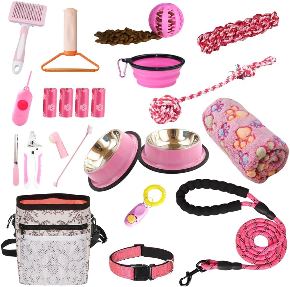 Assorted pink pet accessories including bowls, leashes, and toys on a white background