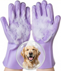 Purple grooming gloves with a dog in a bubble on a white background