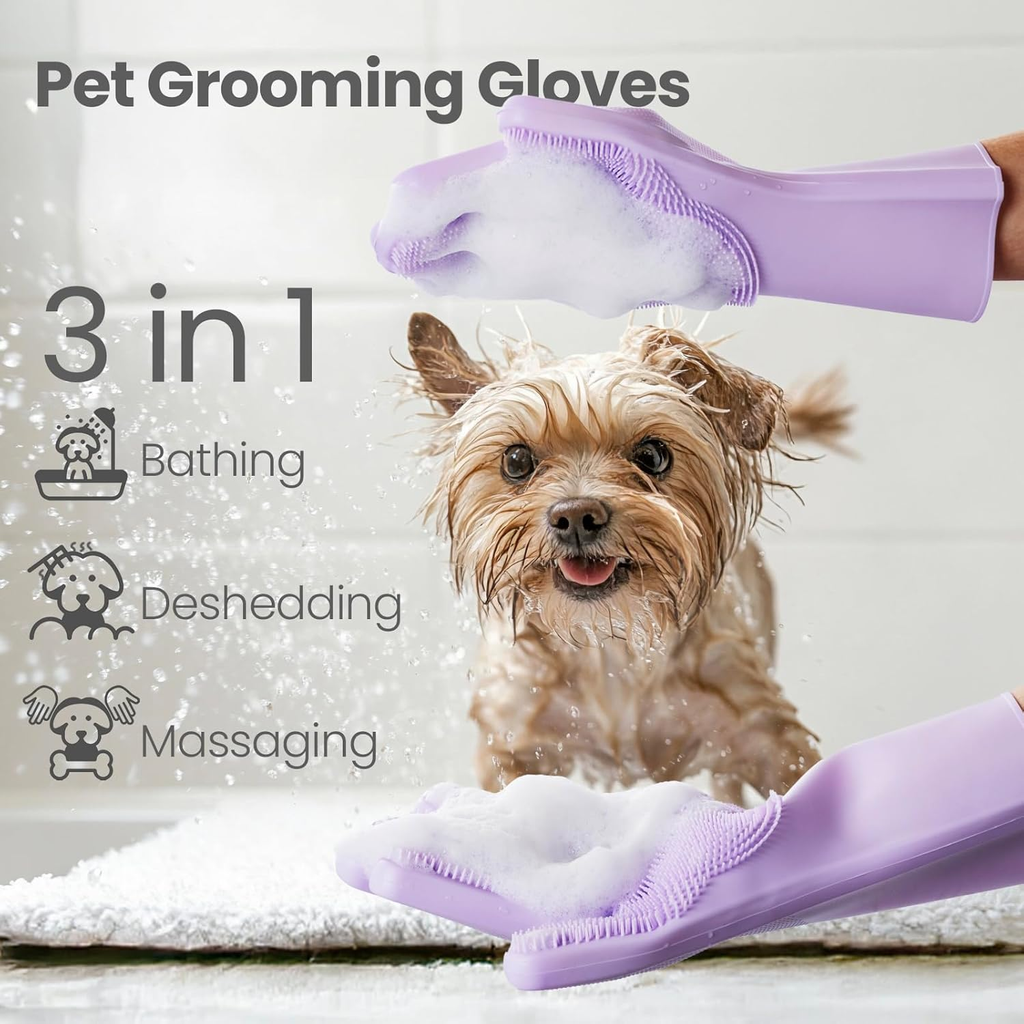Pet grooming gloves with a dog being bathed, deshedded, and massaged.