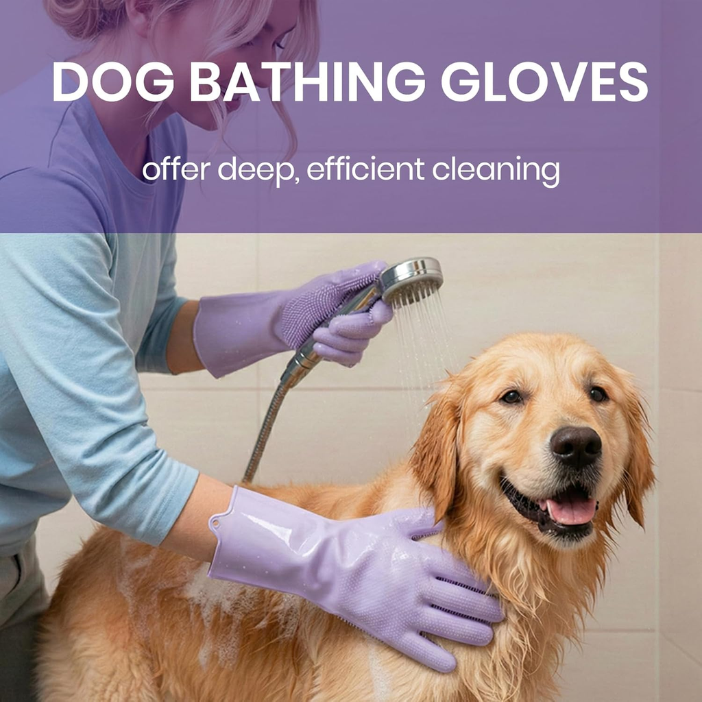 Person washing a dog with a showerhead, wearing purple dog bathing gloves on a purple background.