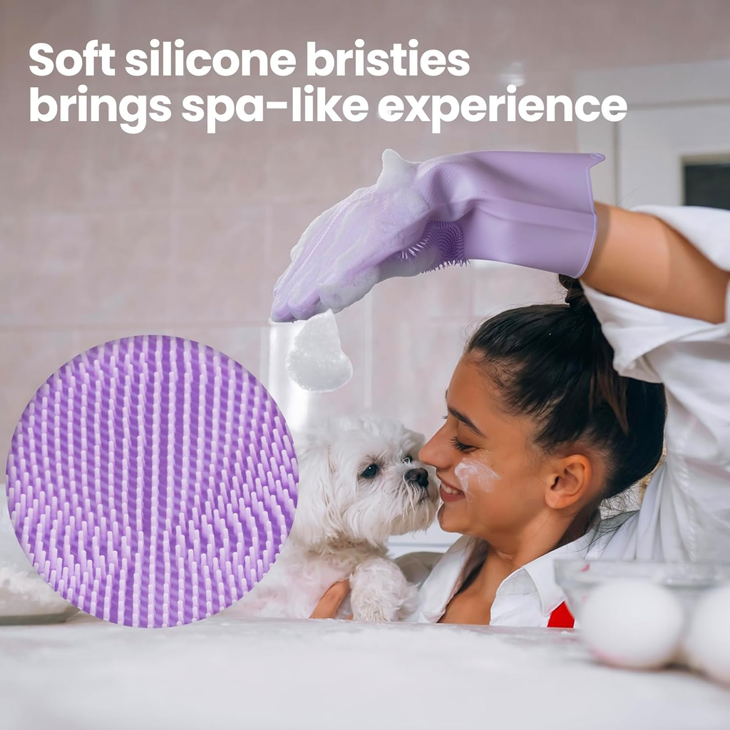 Woman with a dog using a purple silicone brush with text about soft silicone bristles.