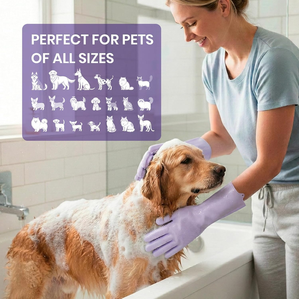 Woman washing a dog in a bathtub with text 'Perfect for pets of all sizes' on a purple background.