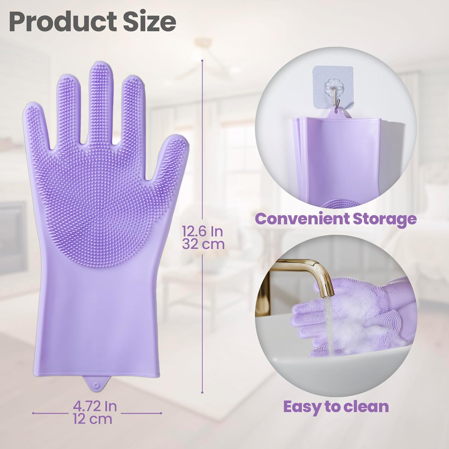 Purple cleaning glove with measurements and storage information on a light background