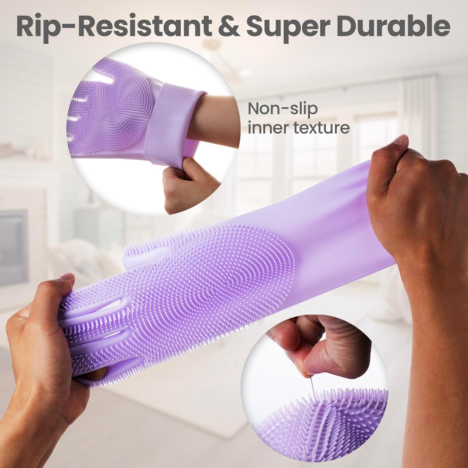 Purple silicone glove with non-slip texture being held, emphasizing durability and grip.