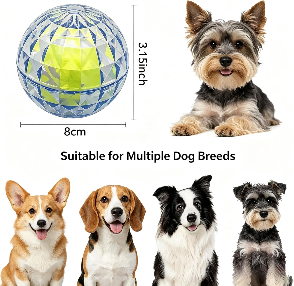 A pet toy ball shown with dimension labels and multiple dog breeds on a white background. The product is a faceted translucent blue and white ball with a bright yellow-green center.