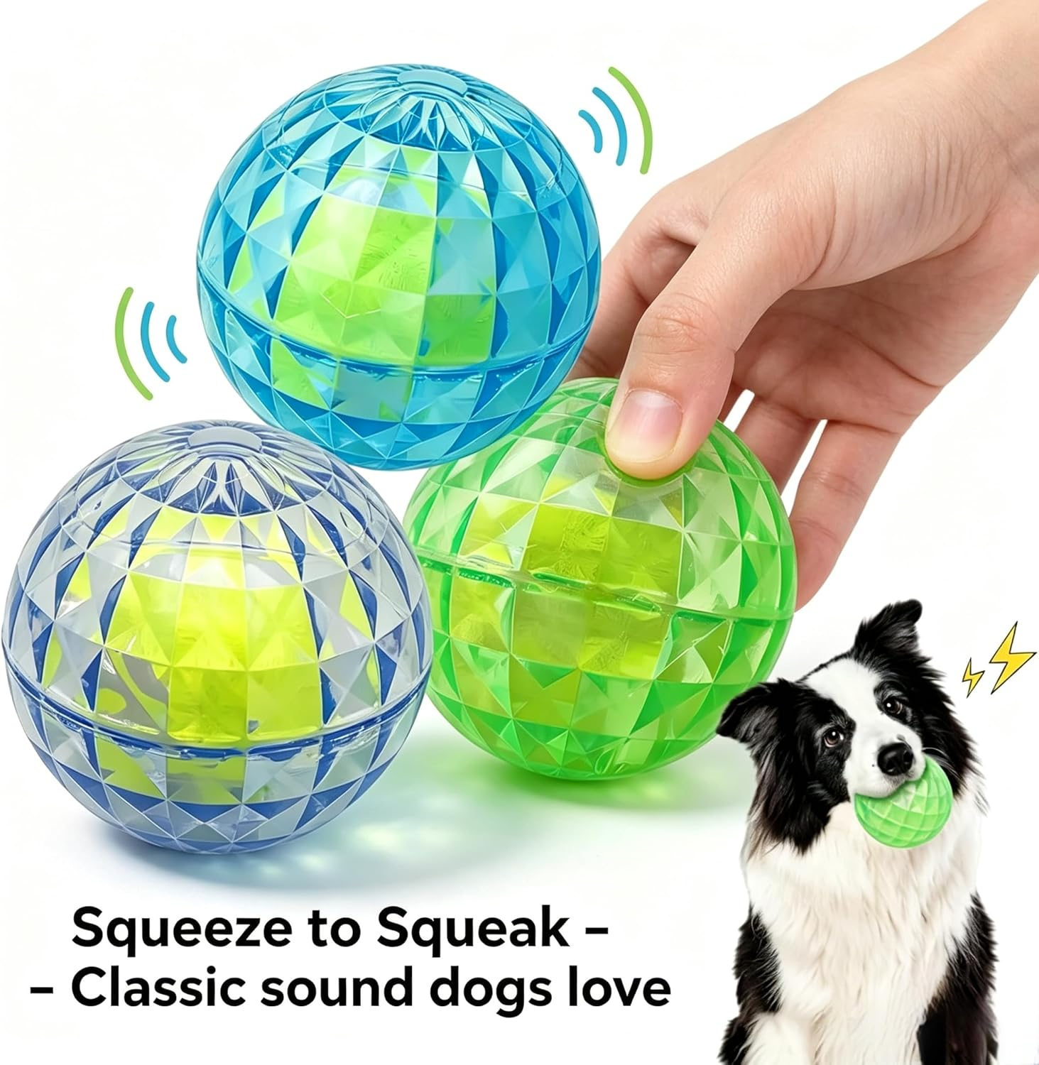 Three translucent plastic dog toy balls in blue, green, and clear are shown on a white background, with a human hand squeezing the green ball and a black-and-white dog holding a green ball in its mouth. Text reads 'Squeeze to Squeak - Classic sound dogs love'.